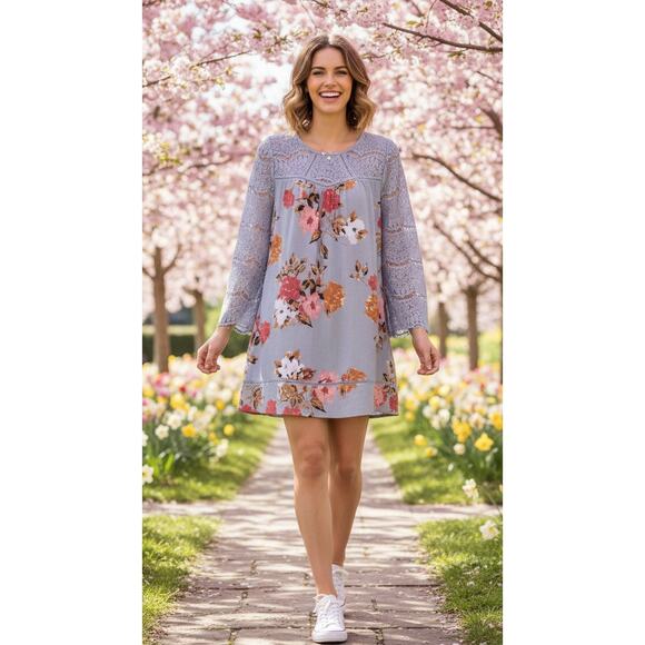 Umgee Women Medium Gray Floral Spring Lace Long Sleeve Flowy Mini Dress - Picture 1 of 5
